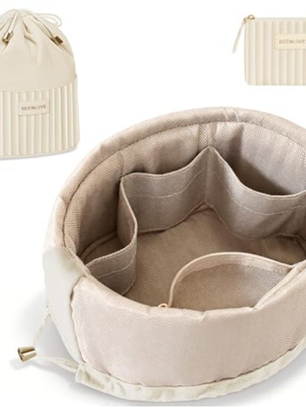 Velvet Quilted Travel Makeup Bag with Zippered Compartments & Small Pouch